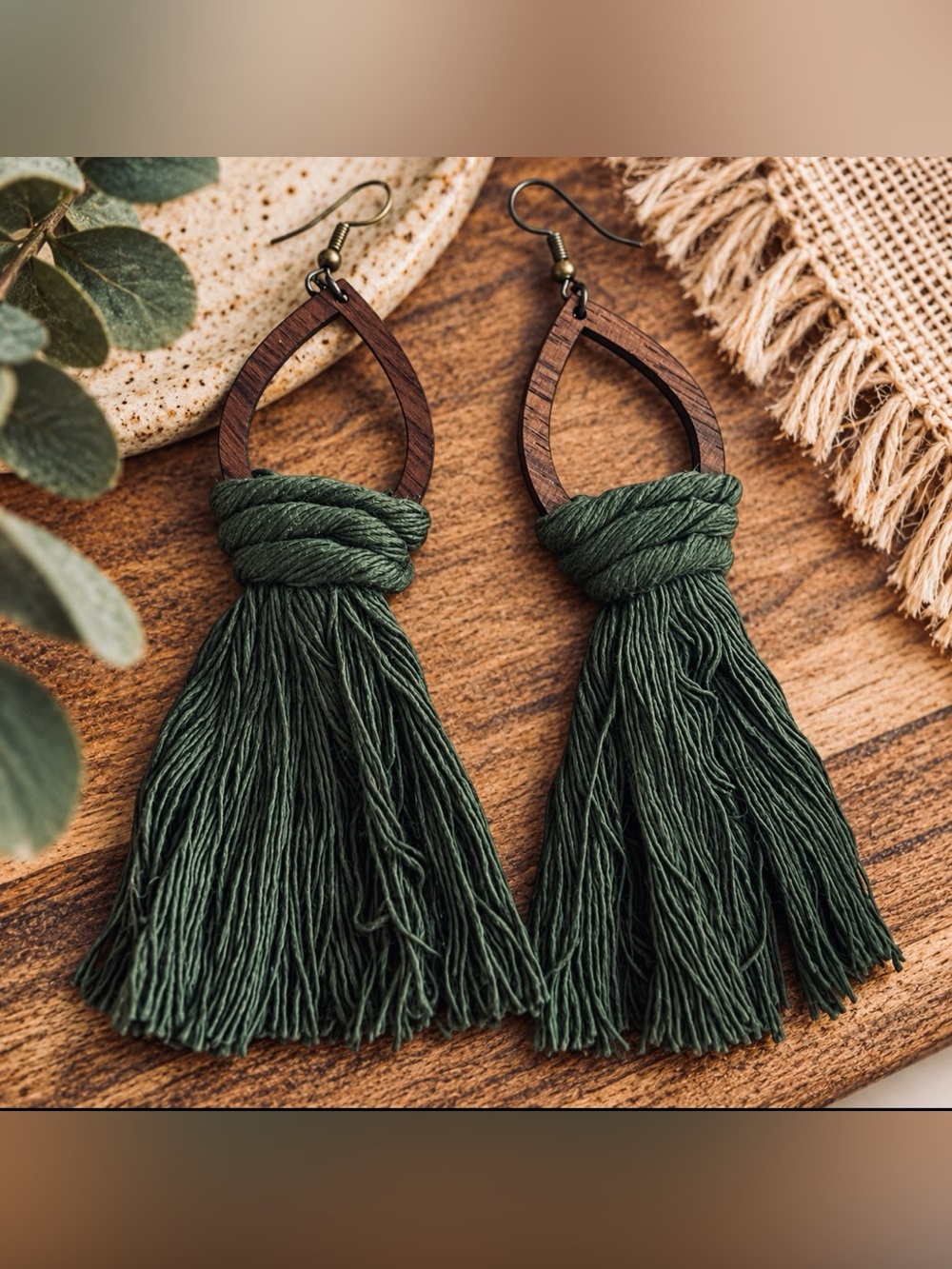 Olive Green Macrame Tassel Earrings Walnut Wood Bronze Boho Statement Earrings 4